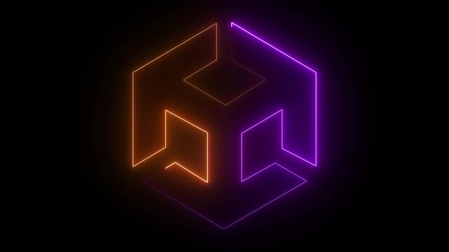 Unity icon animation by purple and orange color on black background.3d modeling,isometric cube with axes. BIM Technology Icon Ideal for Building Information Modeling and Architecture. 4k motion video.
