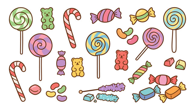 Set of colorful hand drawn sweets and candies illustration.