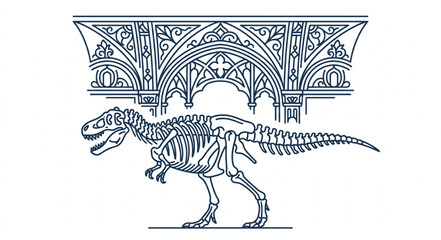 Detailed Dinosaur Skeleton Illustration with Gothic Arch Background. © Adit