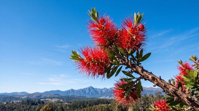 Red Bottlebrush Flowers on Tree Branch with Mountain Landscape &ndash; Australian Native Plant, Spring Bloom, Blue Sky, Botanical Nature Photography