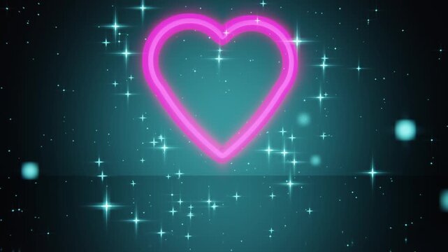 Pulsing neon heart outline looping on dark teal with twinkling stars, cyan bokeh, mirror band