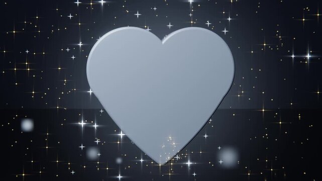 Floating pale gray heart staying centered as frames roll in stars, orbs drifting, sparks bursting