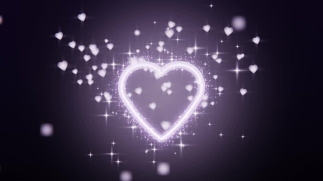 Pulsing glowing heart arising with halo causing falling hearts and stars on purple gradient