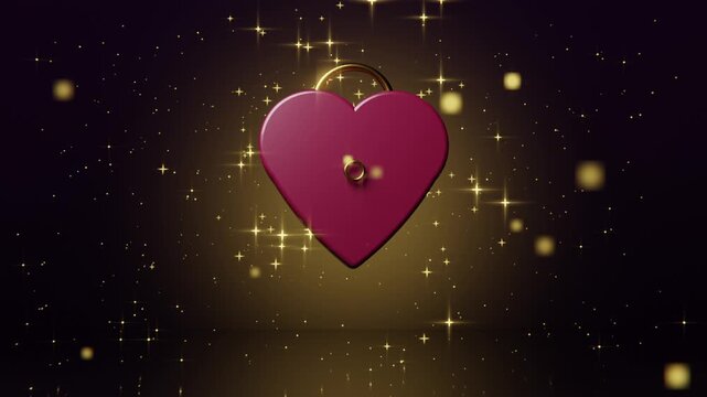 Glinting magenta heart padlock catching glints in dark studio, particle sweep highlighting keyhole