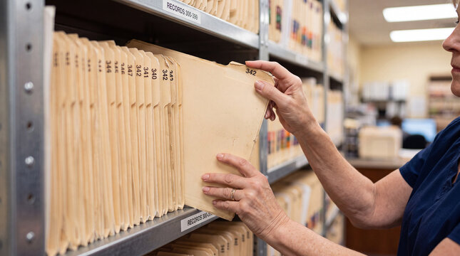 Close-up photograph of hands placing a patient folder into a metal file rack in a modern medical archive. Medical records organization and HIPAA compliance visual.