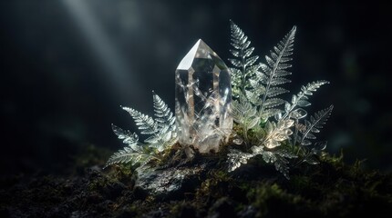 Fototapeta premium Clear quartz crystal surrounded by fern leaves on mossy forest floor