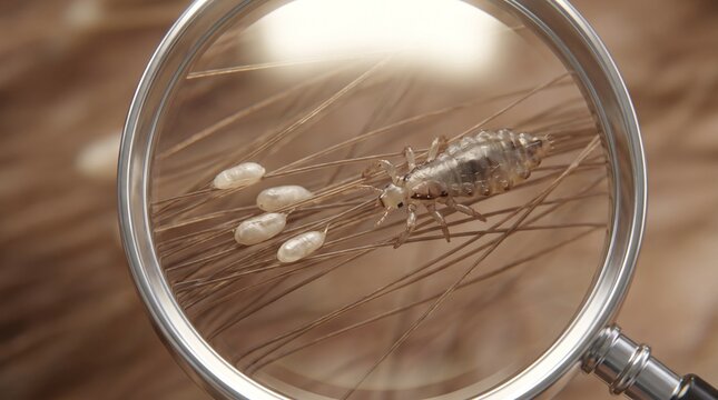Dermatologist magnifying glass hair scalp inspection showing a macro view of head lice and eggs in a patient's hair.