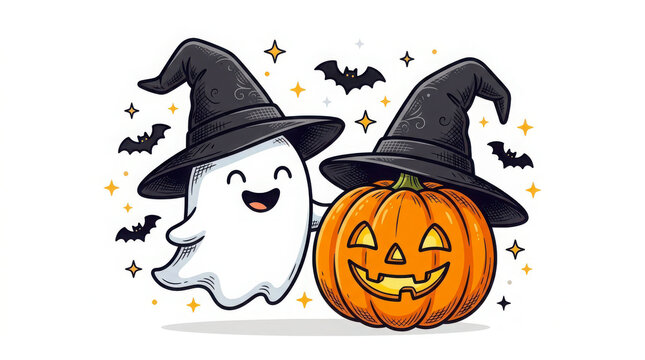 A cute cartoon ghost and a friendly jack-o'-lantern both wearing black witch hats in a festive Halloween scene