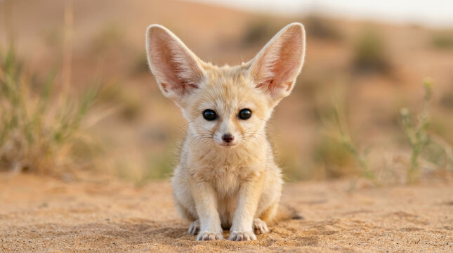 A close up portrait of a fluffy fennec fox sitting peacefully on the sand in the middle of a hot desert landscape