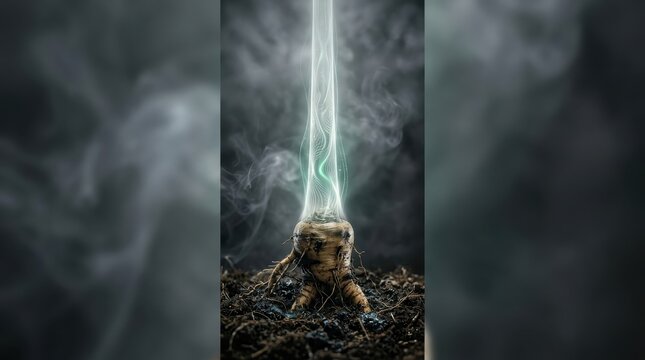 Magical glowing mandrake root emerging from dark soil
