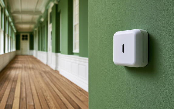 White Modern Device Mounted on a Light Green Wall in a Blurred Hospital or School Hallway
