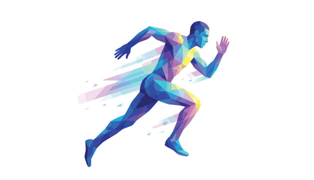 Low-poly geometric illustration of a male runner in dynamic motion with a trailing speed effect