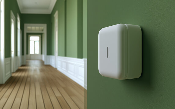 White Modern Device Mounted on a Light Green Wall in a Blurred Hospital or School Hallway