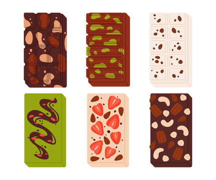 Six colorful chocolate bars PNG with various toppings transparent background