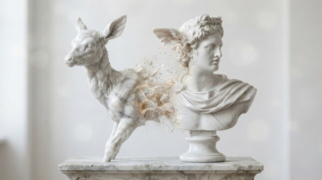 Surreal marble sculpture of a deer morphing into a classical male bust