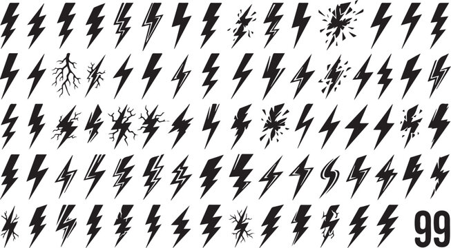 Collection of ninety nine hand drawn lightning bolt icons isolated on a white background for graphic design