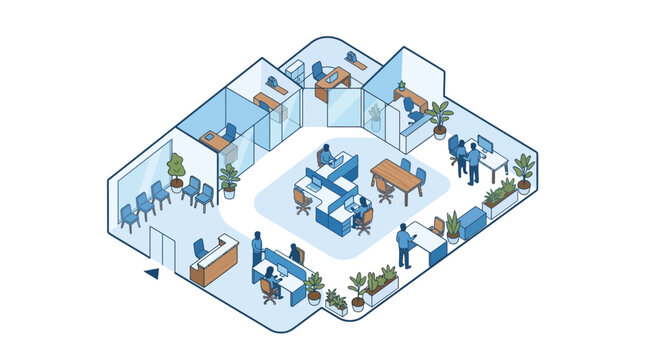 Isometric office interior layout with people working at desks