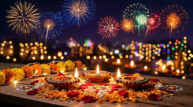 Diwali festival celebration with traditional clay diya lamps, marigold flowers, and colorful fireworks in the night sky