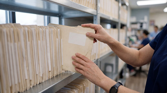 Realistic close-up of hands inserting patient chart folder into organized metal filing rack, modern hospital records archive concept