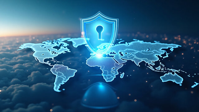 Digital shield protecting North America with glowing cyber security symbol over USA