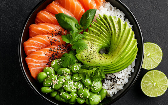 Fresh Salmon Poke Bowl with Avocado, Edamame, and Rice, Healthy Meal Concept