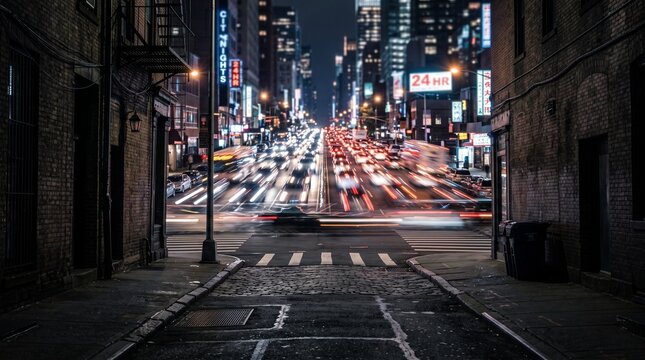 Long exposure night cityscape with light trails. Urban traffic motion blur at downtown intersection