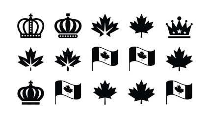 Royal crowns and maple leaf flags in bold black with high contrast vector style against white background presents striking collection collection crown symbols © Tuli