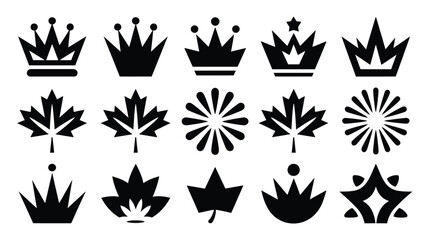 Black crown and maple leaf symbolic graphic design set with varied crown with displays striking collection black silhouettes combining regal crowns © Tuli