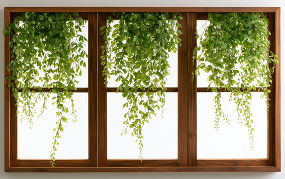 Lush green hanging fern leaves viewed through a classic wooden framed window with soft natural light