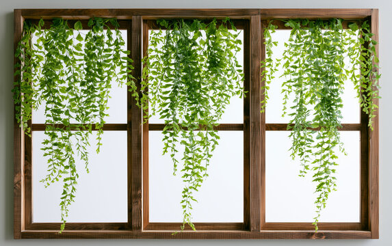 Lush green hanging fern leaves viewed through a classic wooden framed window with soft natural light
