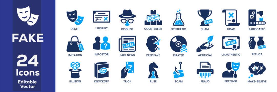 Collection of deception icons in flat design with blue and white color scheme on white background