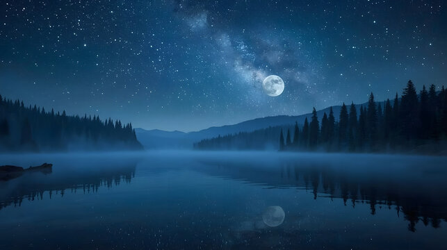 A beautiful full moon illuminates a misty lake surrounded by dark pine forests under a starry night sky.