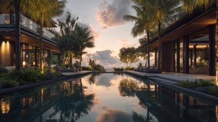 Fototapeta premium Luxury tropical villa with infinity pool at sunset, modern exotic resort architecture with palm trees, serene vacation estate landscape