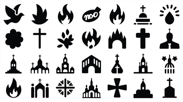 Flat design icons collection with showcases diverse set minimalist black white icons depicting religious symbols architectural elements traditional churches clean