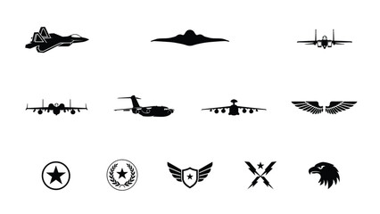 Aerospace military aircraft and symbols bold black vector collection with displays striking collection silhouette icons © Tuli