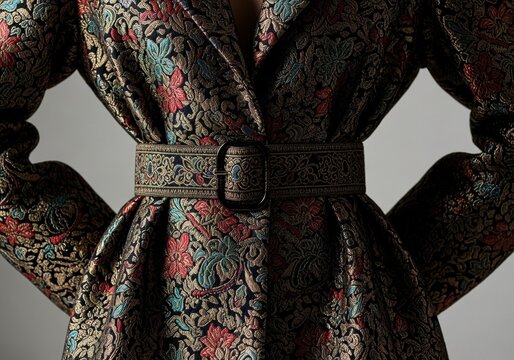 Elegant black floral brocade coat with a stylish matching fabric belt