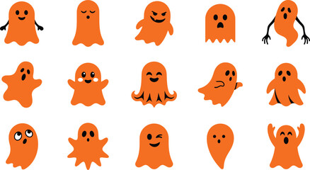 Fototapeta premium Set of cute orange ghost characters with skull and cat elements for fun halloween party sticker designs