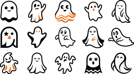 Fototapeta premium Set of hand drawn halloween ghost illustrations featuring a cute cat and skull character doodle collection