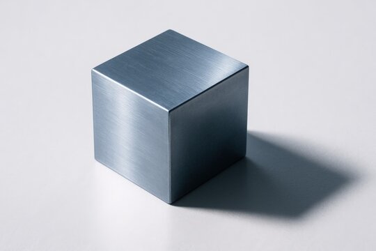 Metal cube resting on a light surface with visible shadow
