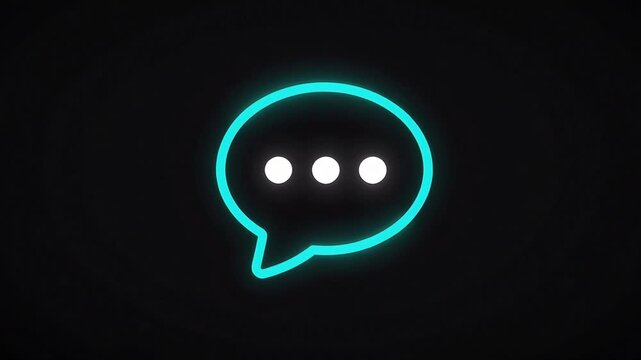 Glowing cyan neon speech bubble with three white dots, indicating typing or chat. Set against a dark background for modern messaging and communication visuals.