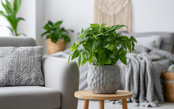 Potted green plant enhances cozy bedroom decor with natural light and minimalist furniture