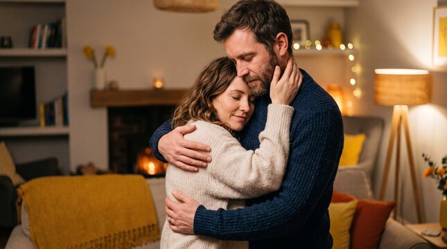 Tender Embrace: A man and woman share a heartfelt, intimate embrace in a cozy living room, their connection palpable as they find comfort and solace in each other's arms, illuminated by soft.