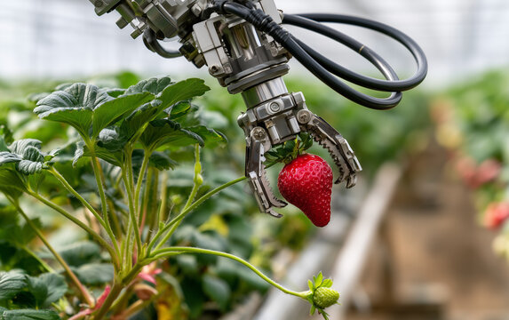 Robotic arm harvesting a ripe strawberry in a modern greenhouse, showcasing agricultural technology and automation