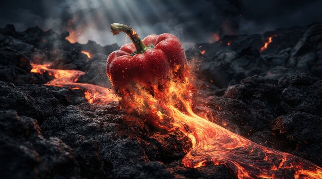 Red bell pepper on volcanic lava landscape