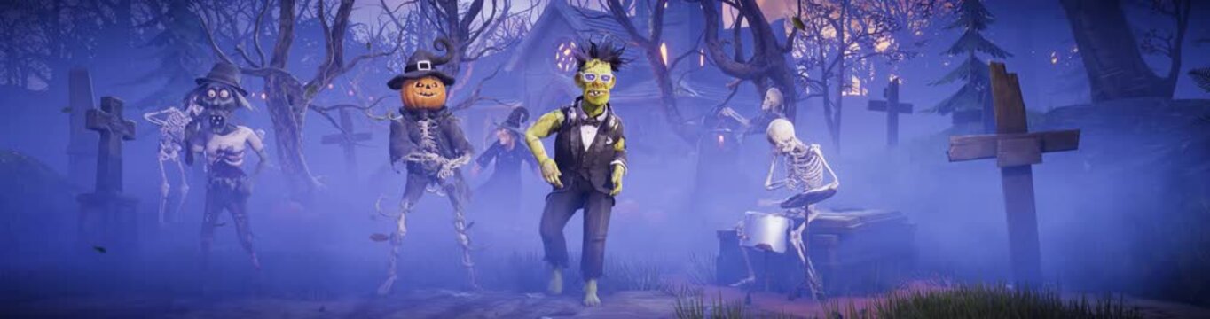 Funny 3D animation of Frankenstein monster dancing with skeletons, zombies and pumpkins in spooky night cemetery. Humorous Halloween character in scary foggy graveyard.