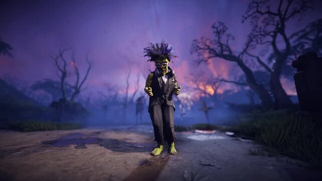 Funny 3D animation of Frankenstein monster dancing with skeletons, zombies and pumpkins in spooky night cemetery. Humorous Halloween character in scary foggy graveyard.