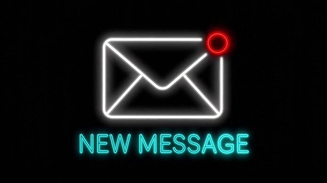 Neon envelope icon with a red notification dot and cyan New Message text on a dark background. Digital communication and email concept.