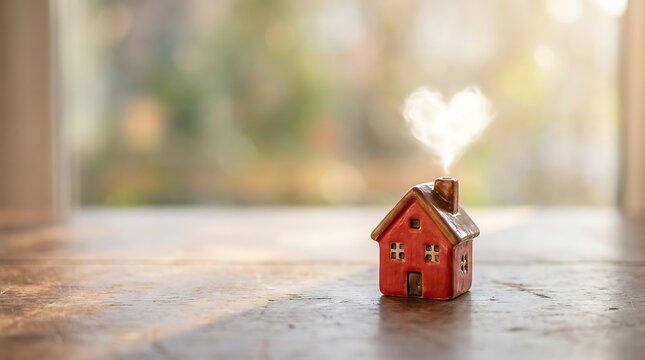 Small red house model with smoke shaped like a heart coming from chimney on a wooden surface