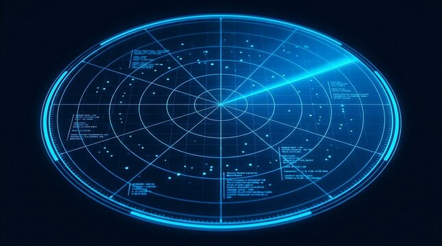 Dark blue digital radar interface with scanning light beam and data points for navigation system