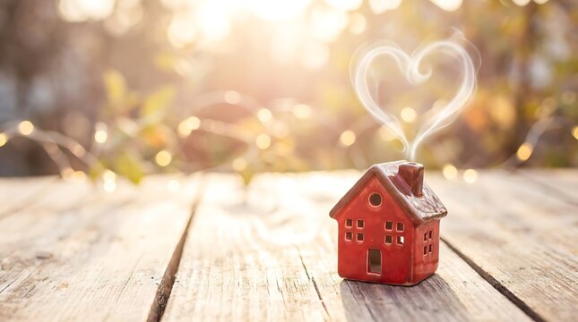 Small red house figurine with heart shaped smoke from chimney on wooden table with bokeh lights